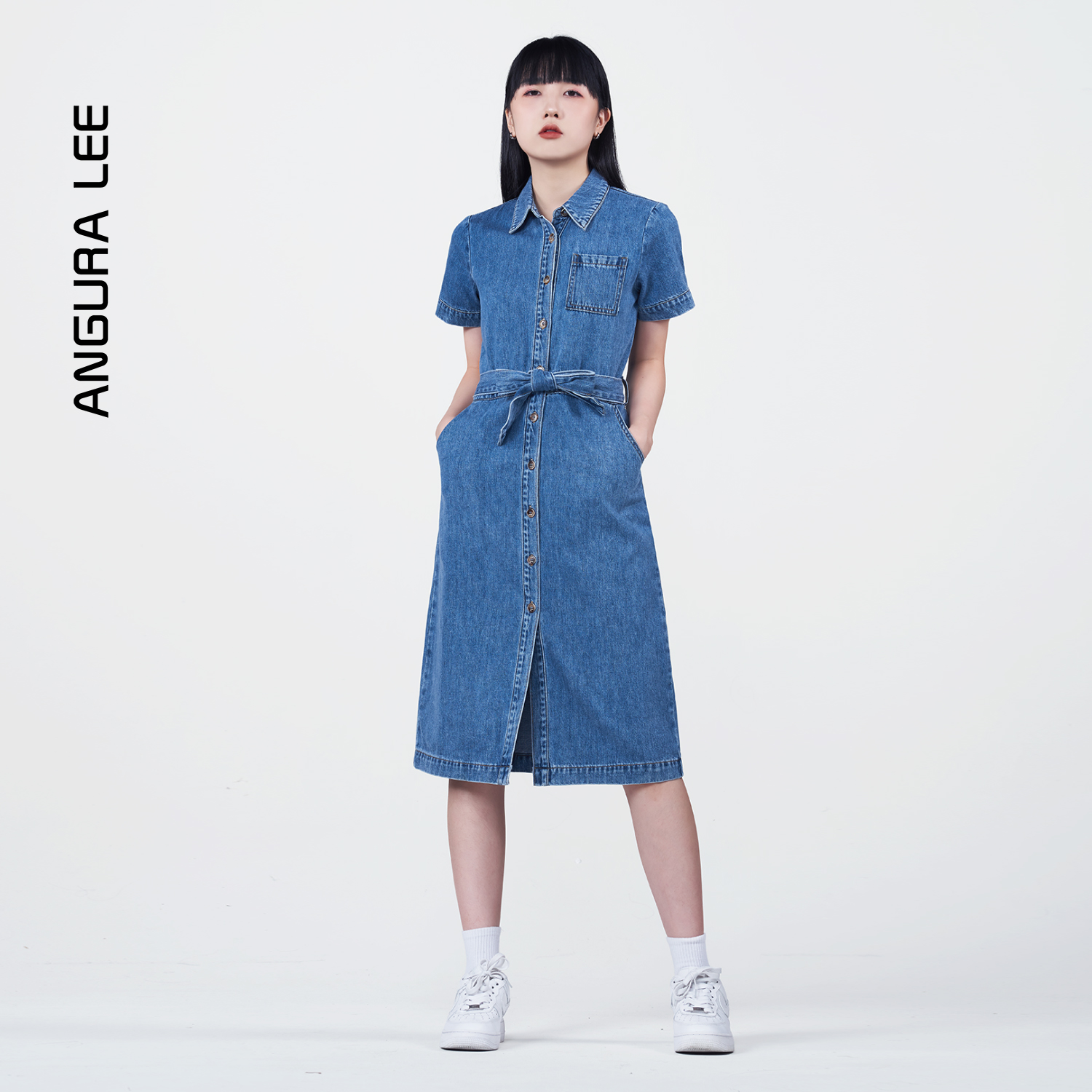 春夏經(jīng)典水洗中褲藍女裝牛仔連衣裙