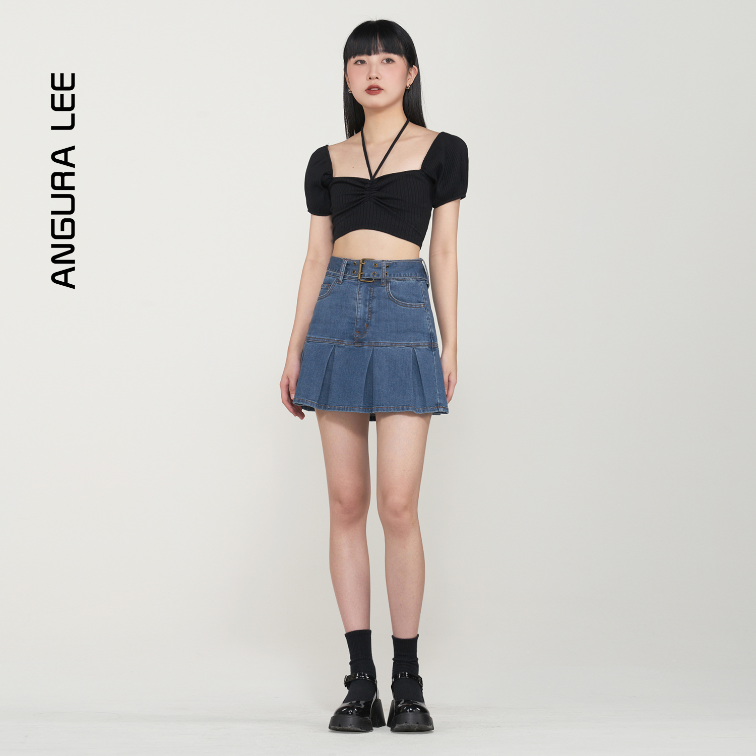 春夏新款經(jīng)典水洗復古藍女裝高腰短裙