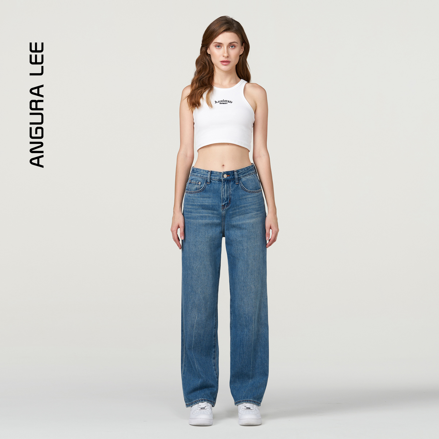 春夏經(jīng)典水洗復(fù)古藍女裝牛仔高腰直筒闊腿