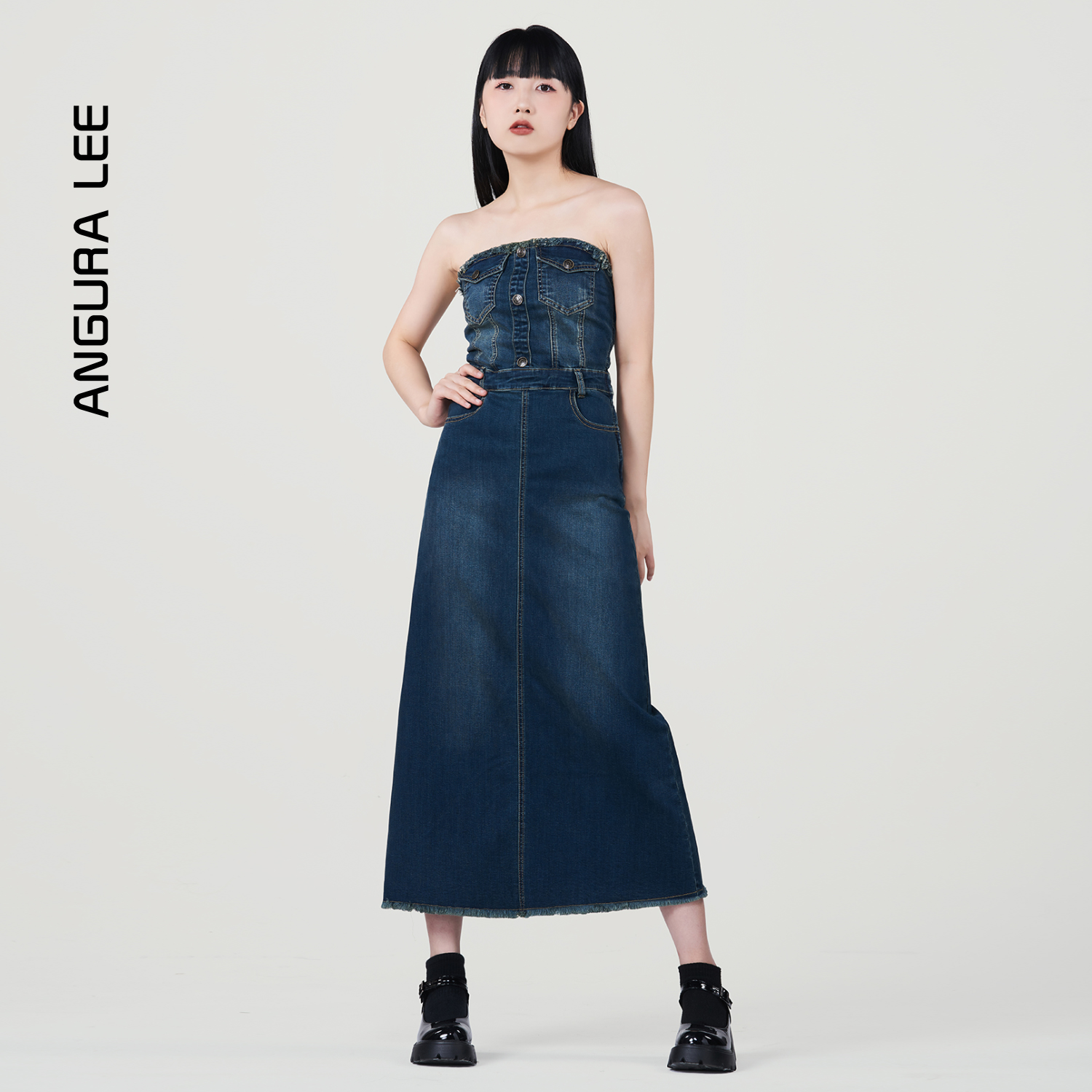 春夏經(jīng)典水洗復古深藍女裝牛仔裹胸緊身連衣裙